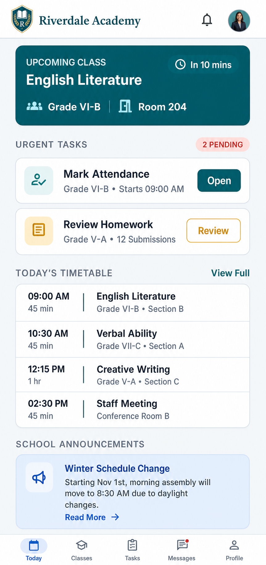 Illustrative Riverdale Academy teacher dashboard showing attendance, homework, a timetable, and school announcements